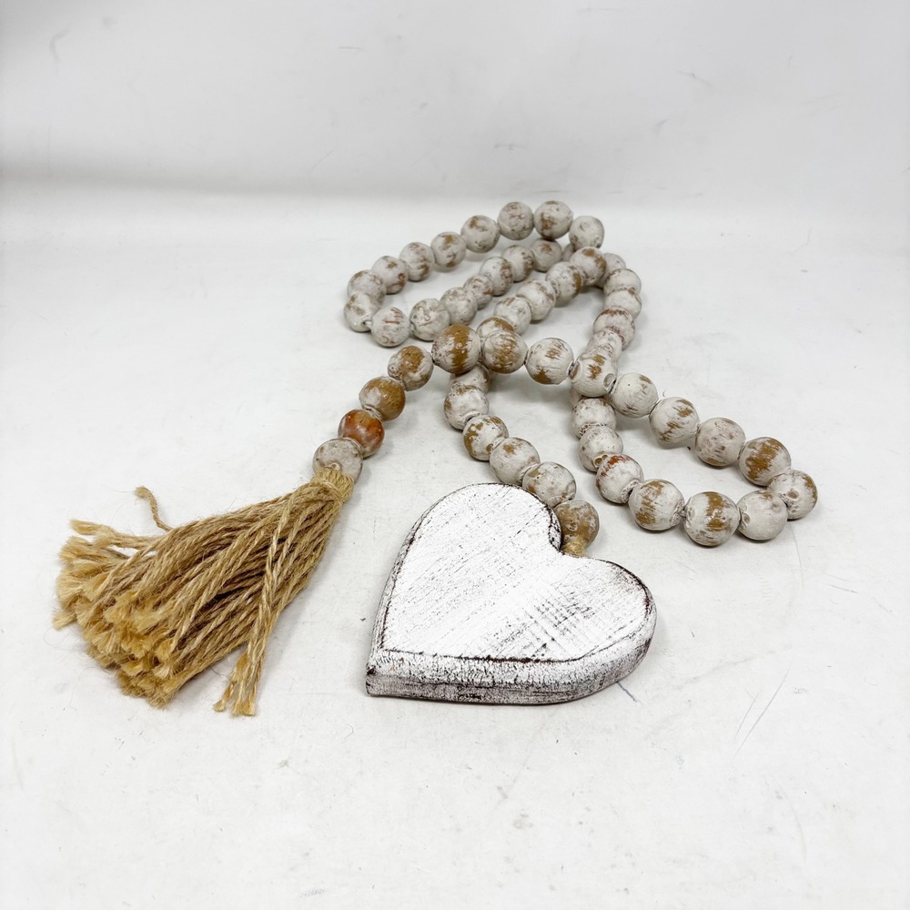 Rustic Farmhouse Wood Bead Garland Whitewashed Heart Charm Jute Tassel 27 Inch